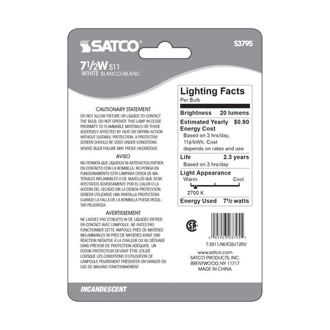 Satco - 7.5 Watt S11 Incandescent; Gloss White; 2500 Average rated hours; 20 Lumens; Medium base; 120 Volt; Carded