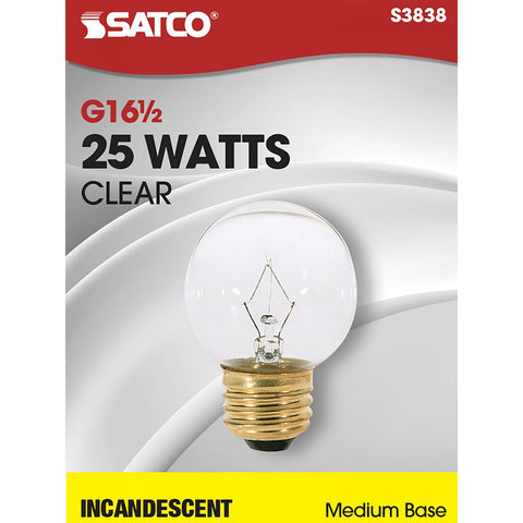 Satco - 25 Watt G16 1/2 Incandescent; Clear; 1500 Average rated hours; 220 Lumens; Medium base; 120 Volt