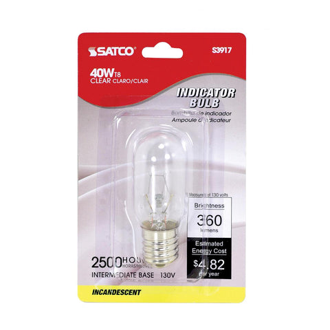 Satco - 40 Watt T8 Incandescent; Clear; 2000 Average rated hours; 360 Lumens; Intermediate base; 130 Volt; Carded