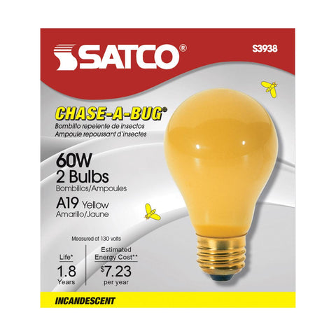 Satco - 60 Watt A19 Incandescent; Yellow; 2000 Average rated hours; Medium base; 130 Volt; 2/Pack