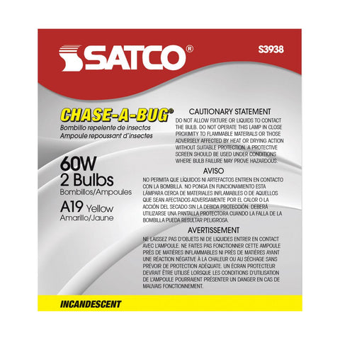 Satco - 60 Watt A19 Incandescent; Yellow; 2000 Average rated hours; Medium base; 130 Volt; 2/Pack