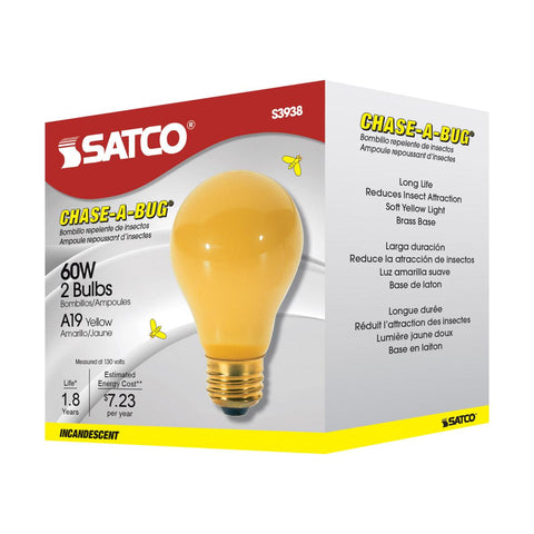 Satco - 60 Watt A19 Incandescent; Yellow; 2000 Average rated hours; Medium base; 130 Volt; 2/Pack
