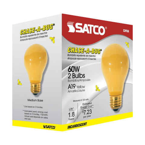 Satco - 60 Watt A19 Incandescent; Yellow; 2000 Average rated hours; Medium base; 130 Volt; 2/Pack