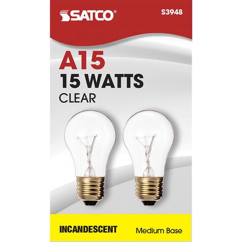 Satco - 15 Watt A15 Incandescent; Clear; 2500 Average rated hours; 100 Lumens; Medium base; 130 Volt; 2/Pack