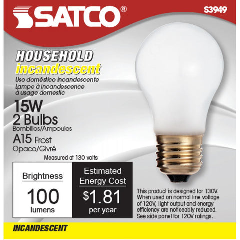 Satco - 15 Watt A15 Incandescent; Frost; 2500 Average rated hours; 100 Lumens; Medium base; 130 Volt; 2/Pack