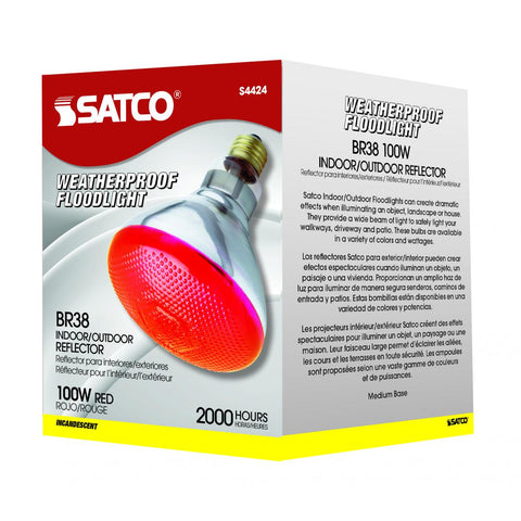 Satco - 100 Watt BR38 Incandescent; Red; 2000 Average rated hours; Medium base; 120 Volt