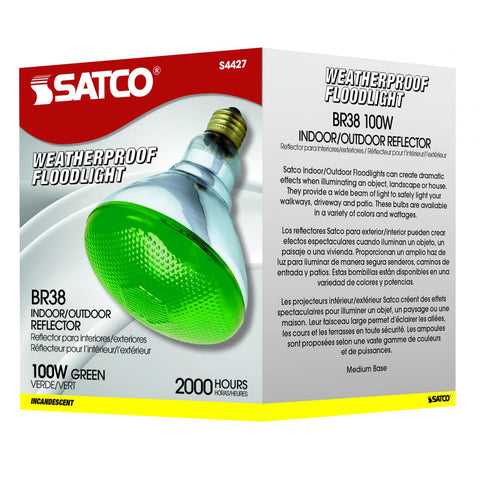 Satco - 100 Watt BR38 Incandescent; Green; 2000 Average rated hours; Medium base; 120 Volt