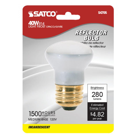 Satco - 40 Watt R14 Incandescent; Frost; 1500 Average rated hours; 280 Lumens; Medium base; 120 Volt; Carded