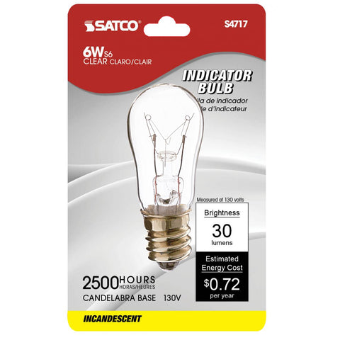 Satco - 6 Watt S6 Incandescent; Clear; 2500 Average rated hours; 30 Lumens; Candelabra base; 130 Volt; 2-Card
