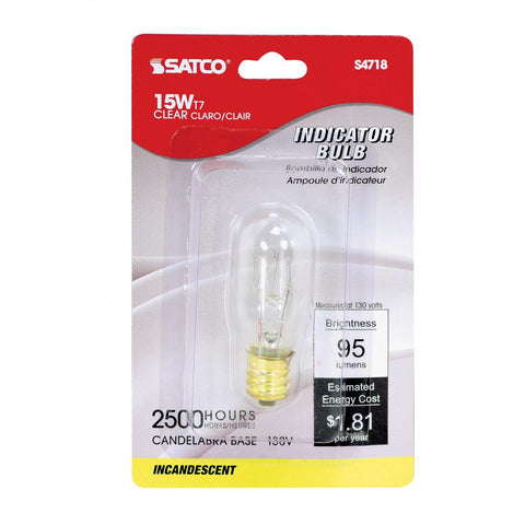Satco - 15 Watt T7 Incandescent; Clear; 2500 Average rated hours; 95 Lumens; Candelabra base; 130 Volt; Carded