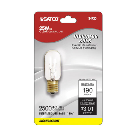 Satco - 25 Watt T8 Incandescent; Clear; 2500 Average rated hours; 190 Lumens; Intermediate base; 130 Volt; Carded