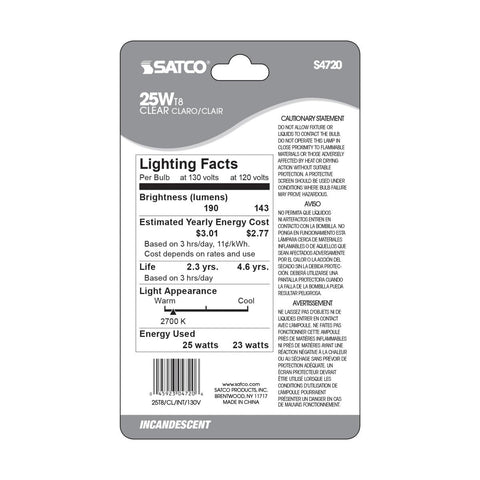 Satco - 25 Watt T8 Incandescent; Clear; 2500 Average rated hours; 190 Lumens; Intermediate base; 130 Volt; Carded