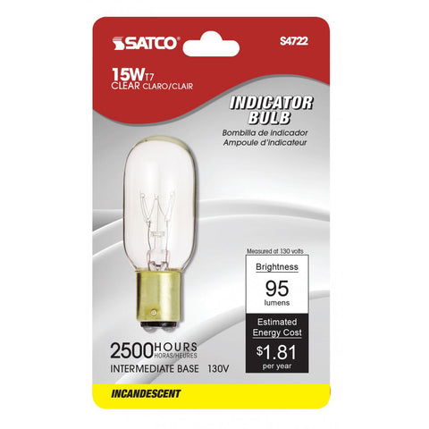 Satco - 15 Watt T7 Incandescent; Clear; 2500 Average rated hours; 95 Lumens; Intermediate base; 130 Volt; Carded