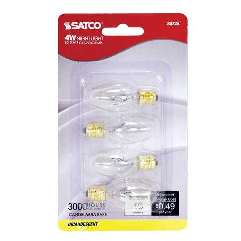 Satco - 4 Watt C7 Incandescent; Clear; 3000 Average rated hours; 16 Lumens; Candelabra base; 120 Volt; 4-Card