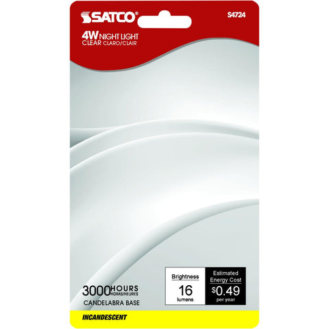 Satco - 4 Watt C7 Incandescent; Clear; 3000 Average rated hours; 16 Lumens; Candelabra base; 120 Volt; 4-Card