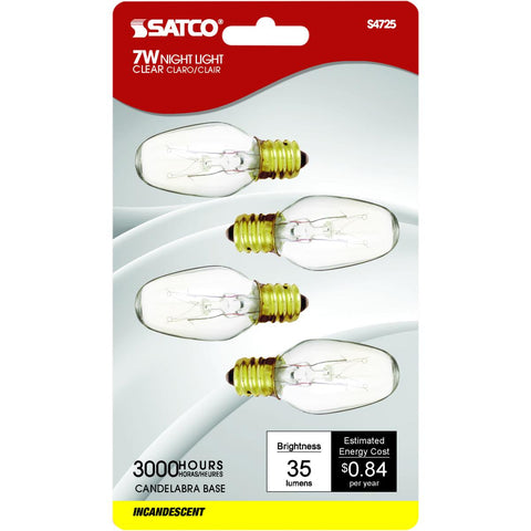 Satco - 7 Watt C7 Incandescent; Clear; 3000 Average rated hours; 35 Lumens; Candelabra base; 120 Volt; 4-Card