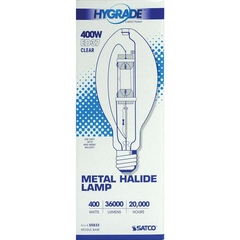 Satco - 400 Watt; Metal Halide HID; Mogul base; ED37; Clear; 65 CRI; 4000K