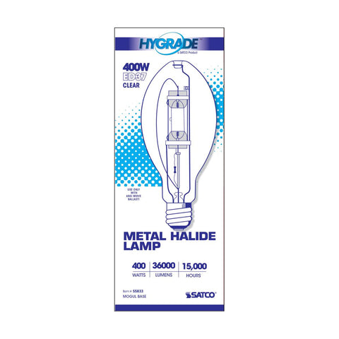 Satco - 400 Watt; Metal Halide HID; Mogul base; ED37; Clear; 65 CRI; 4000K