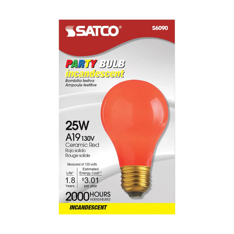 Satco - 25 Watt A19 Incandescent; Ceramic Red; 1000 Average rated hours; 15 Lumens; Medium base; 130 Volt
