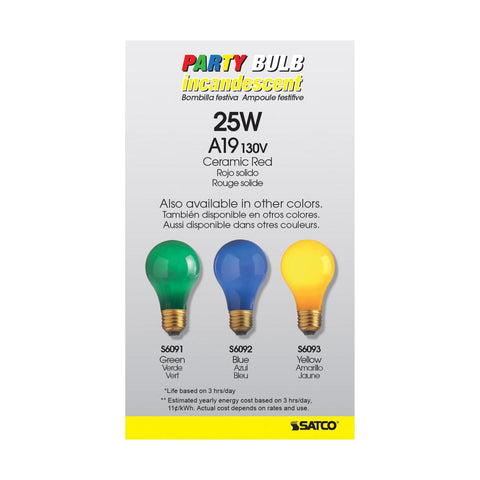 Satco - 25 Watt A19 Incandescent; Ceramic Red; 1000 Average rated hours; 15 Lumens; Medium base; 130 Volt