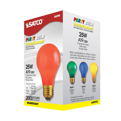 Satco - 25 Watt A19 Incandescent; Ceramic Red; 1000 Average rated hours; 15 Lumens; Medium base; 130 Volt