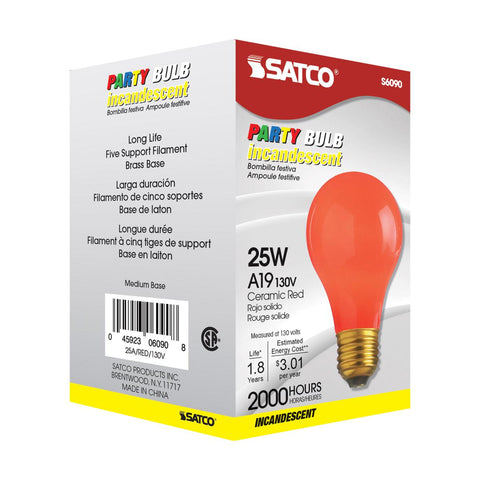 Satco - 25 Watt A19 Incandescent; Ceramic Red; 1000 Average rated hours; 15 Lumens; Medium base; 130 Volt