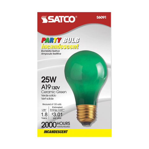Satco - 25 Watt A19 Incandescent; Ceramic Green; 1000 Average rated hours; 10 Lumens; Medium base; 130 Volt