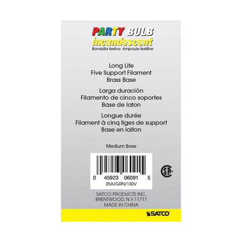 Satco - 25 Watt A19 Incandescent; Ceramic Green; 1000 Average rated hours; 10 Lumens; Medium base; 130 Volt