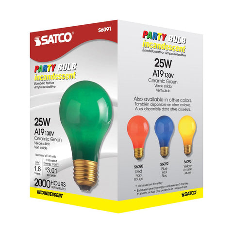 Satco - 25 Watt A19 Incandescent; Ceramic Green; 1000 Average rated hours; 10 Lumens; Medium base; 130 Volt
