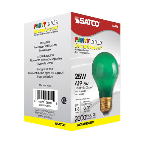 Satco - 25 Watt A19 Incandescent; Ceramic Green; 1000 Average rated hours; 10 Lumens; Medium base; 130 Volt