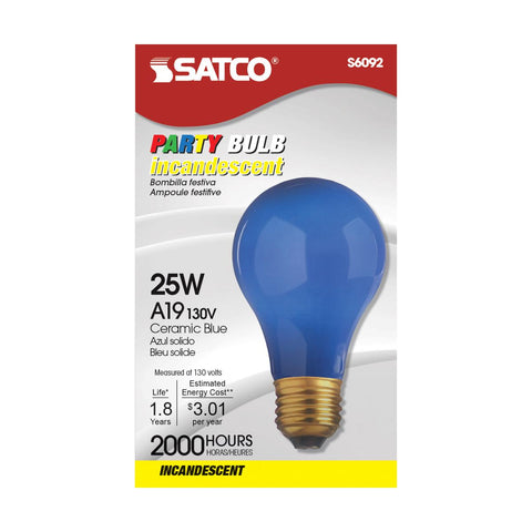 Satco - 25 Watt A19 Incandescent; Ceramic Blue; 1000 Average rated hours; 80 Lumens; Medium base; 130 Volt