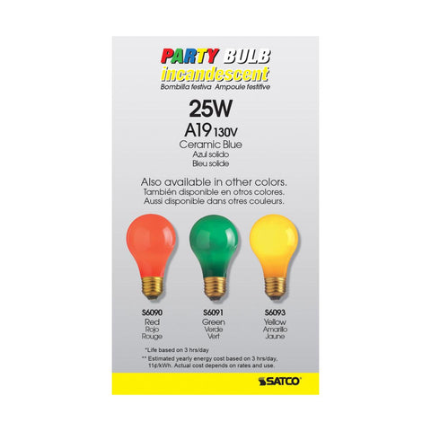 Satco - 25 Watt A19 Incandescent; Ceramic Blue; 1000 Average rated hours; 80 Lumens; Medium base; 130 Volt