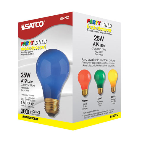 Satco - 25 Watt A19 Incandescent; Ceramic Blue; 1000 Average rated hours; 80 Lumens; Medium base; 130 Volt