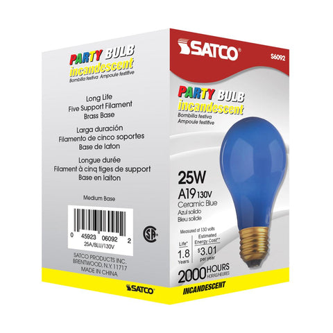 Satco - 25 Watt A19 Incandescent; Ceramic Blue; 1000 Average rated hours; 80 Lumens; Medium base; 130 Volt