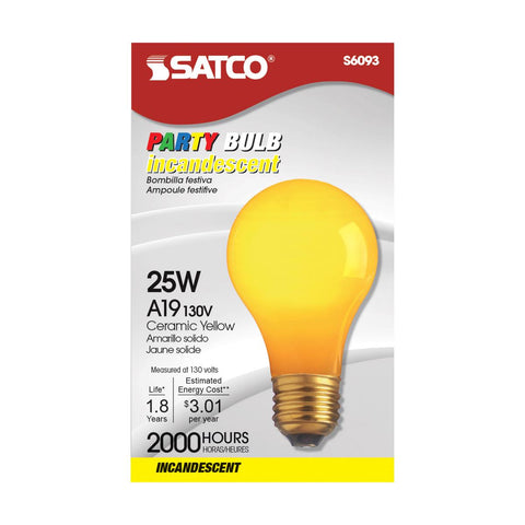 Satco - 25 Watt A19 Incandescent; Ceramic Yellow; 1000 Average rated hours; 30 Lumens; Medium base; 130 Volt