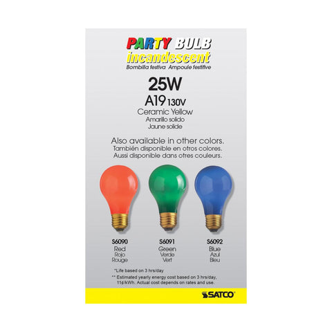 Satco - 25 Watt A19 Incandescent; Ceramic Yellow; 1000 Average rated hours; 30 Lumens; Medium base; 130 Volt