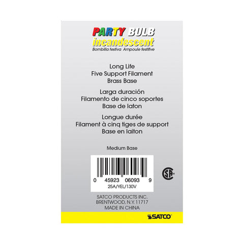 Satco - 25 Watt A19 Incandescent; Ceramic Yellow; 1000 Average rated hours; 30 Lumens; Medium base; 130 Volt