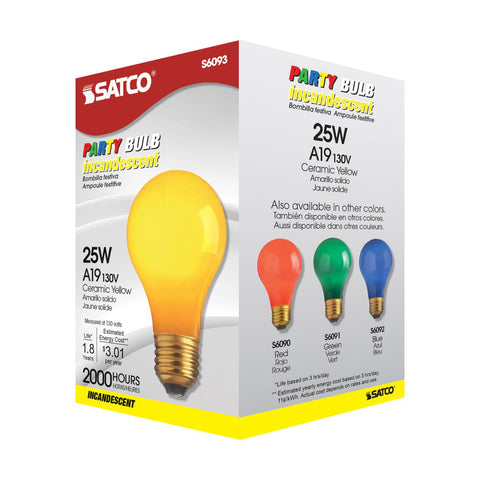 Satco - 25 Watt A19 Incandescent; Ceramic Yellow; 1000 Average rated hours; 30 Lumens; Medium base; 130 Volt