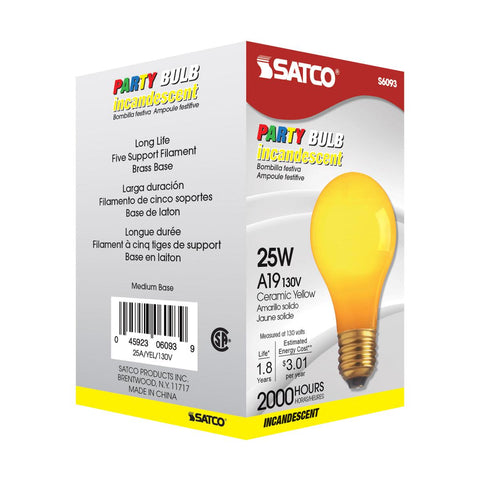 Satco - 25 Watt A19 Incandescent; Ceramic Yellow; 1000 Average rated hours; 30 Lumens; Medium base; 130 Volt