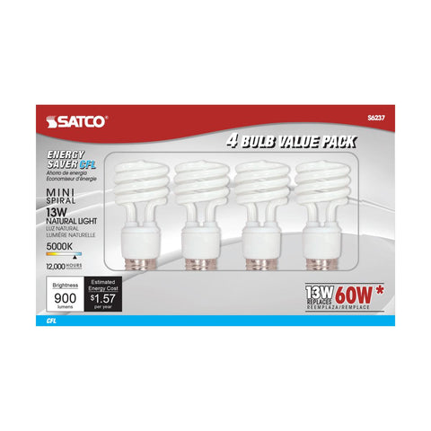 Satco - 13 Watt; Mini Spiral Compact Fluorescent; 5000K; 82 CRI; Medium base; 120 Volt; 4-pack