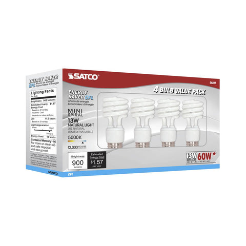 Satco - 13 Watt; Mini Spiral Compact Fluorescent; 5000K; 82 CRI; Medium base; 120 Volt; 4-pack
