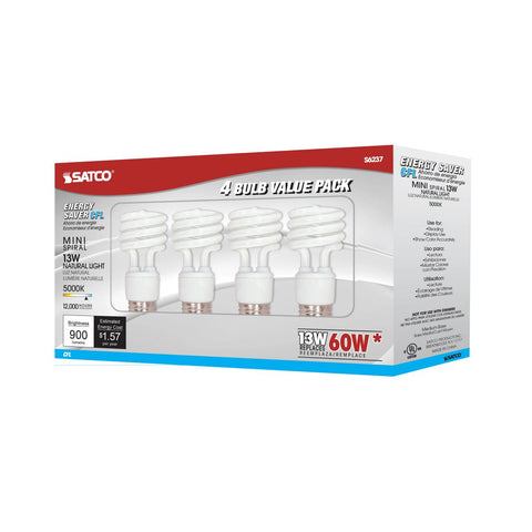 Satco - 13 Watt; Mini Spiral Compact Fluorescent; 5000K; 82 CRI; Medium base; 120 Volt; 4-pack