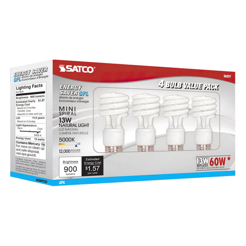 Satco - 13 Watt; Mini Spiral Compact Fluorescent; 5000K; 82 CRI; Medium base; 120 Volt; 4-pack