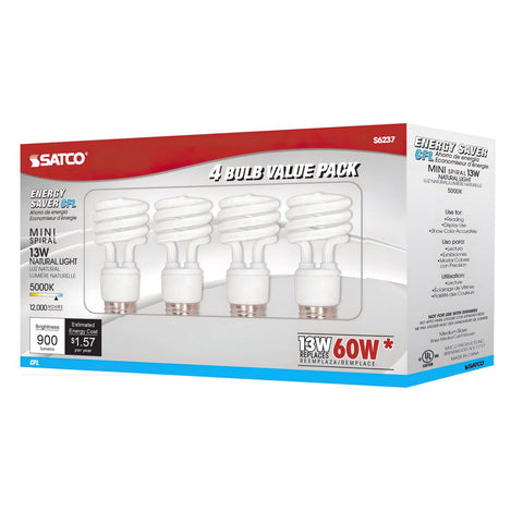 Satco - 13 Watt; Mini Spiral Compact Fluorescent; 5000K; 82 CRI; Medium base; 120 Volt; 4-pack