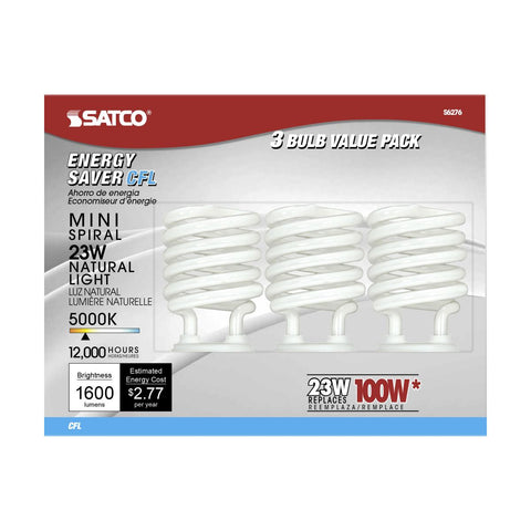 Satco - 23 Watt; Mini Spiral Compact Fluorescent; 5000K; 82 CRI; Medium base; 120 Volt; 3-pack
