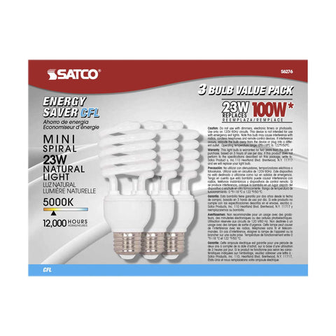 Satco - 23 Watt; Mini Spiral Compact Fluorescent; 5000K; 82 CRI; Medium base; 120 Volt; 3-pack