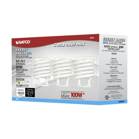 Satco - 23 Watt; Mini Spiral Compact Fluorescent; 5000K; 82 CRI; Medium base; 120 Volt; 3-pack
