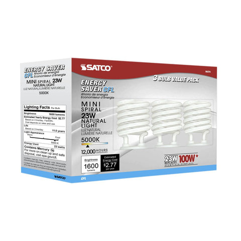 Satco - 23 Watt; Mini Spiral Compact Fluorescent; 5000K; 82 CRI; Medium base; 120 Volt; 3-pack