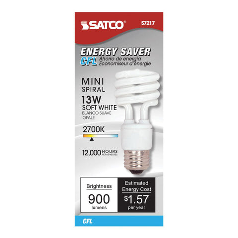 Satco - 13 Watt; Mini Spiral Compact Fluorescent; 2700K; 82 CRI; Medium base; 120 Volt