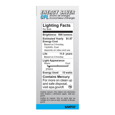 Satco - 13 Watt; Mini Spiral Compact Fluorescent; 2700K; 82 CRI; Medium base; 120 Volt